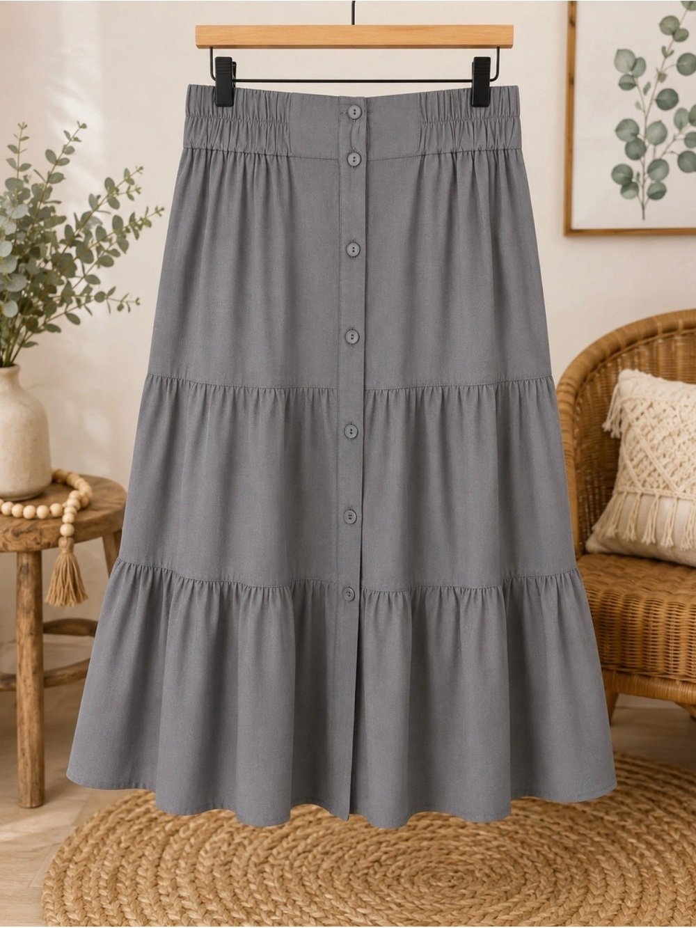 Brochu Walker Havana Tiered Button Front Midi Skirt Gray Charcoal Sz S
